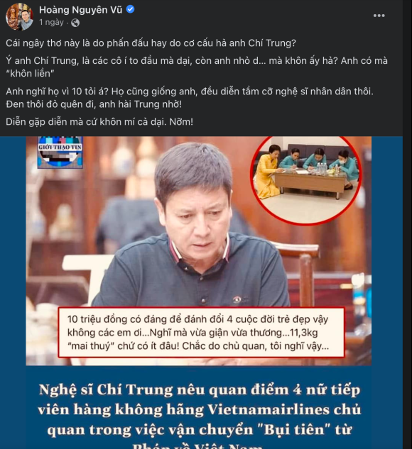 NSƯT Chí Trung tranh cãi 'nảy lửa' với nhà báo trên Facebook vì vụ 4 tiếp viên hàng không xách ma túy - 1