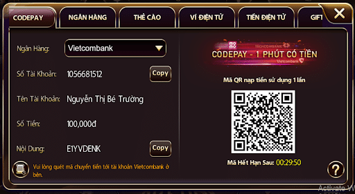 Nạp tiền vào ứng dụng sun win bằng app ngân hàng.